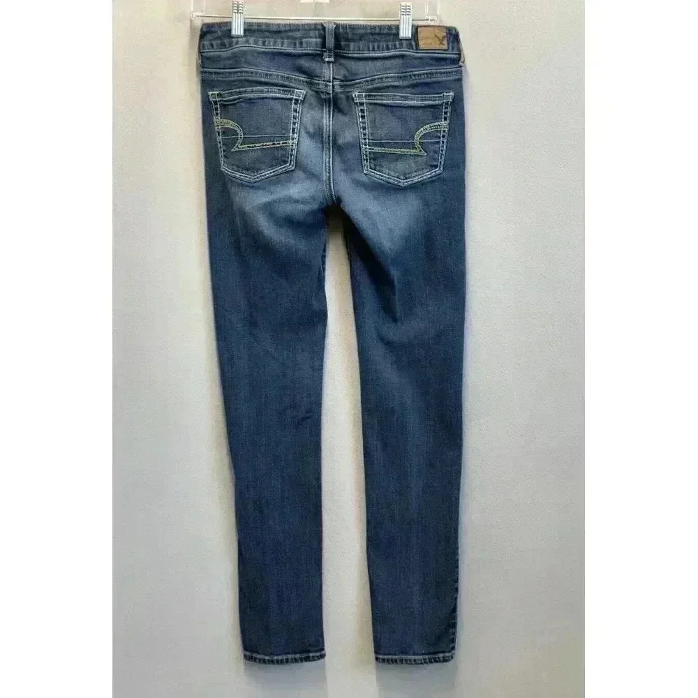 American Eagle Jeans Women's Sz 4 Skinny Low Rise Embellished Pockets Blue Denim - Picture 2 of 9